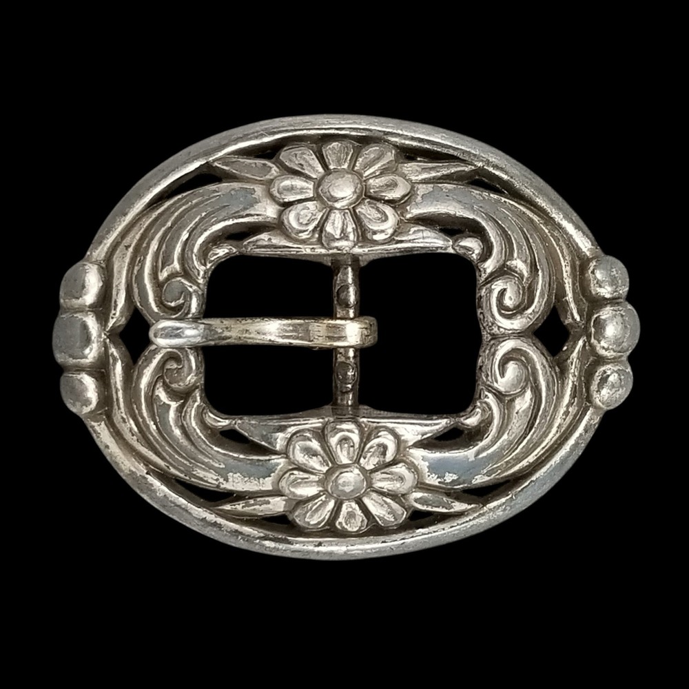 Belt Buckle Floral Taiwan Vintage Silver Tone Ornate Oval Scrollwork Design